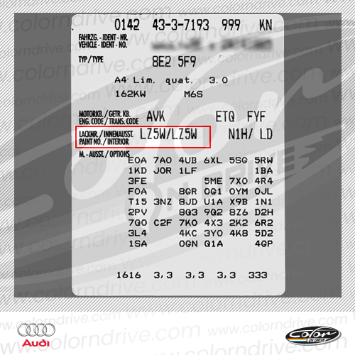 Przykład etykiety z kodem lakieru AUDI 1